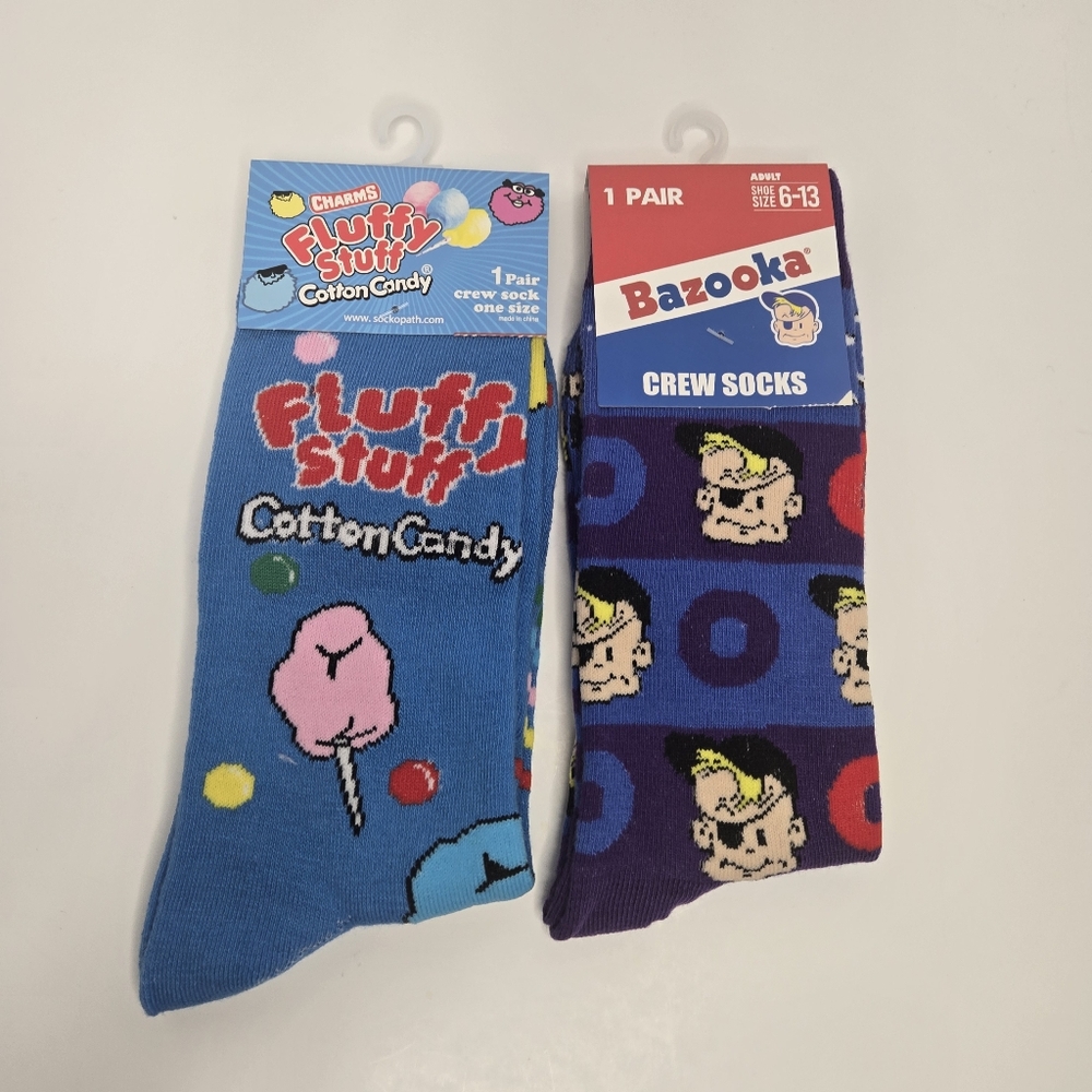 2 Pair Lot NWT Candy Socks - Charms Fluffy Stuff Cotton Candy & Bazooka Joe Crew